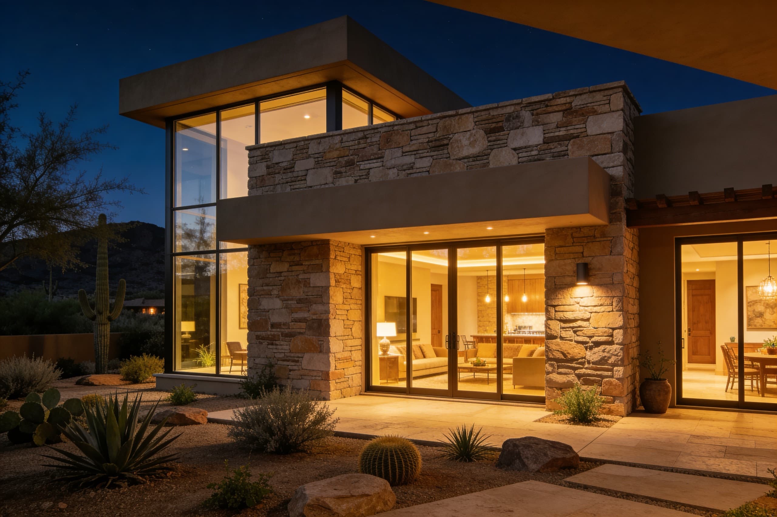 A modern Phoenix property exterior with desert landscaping at golden hour